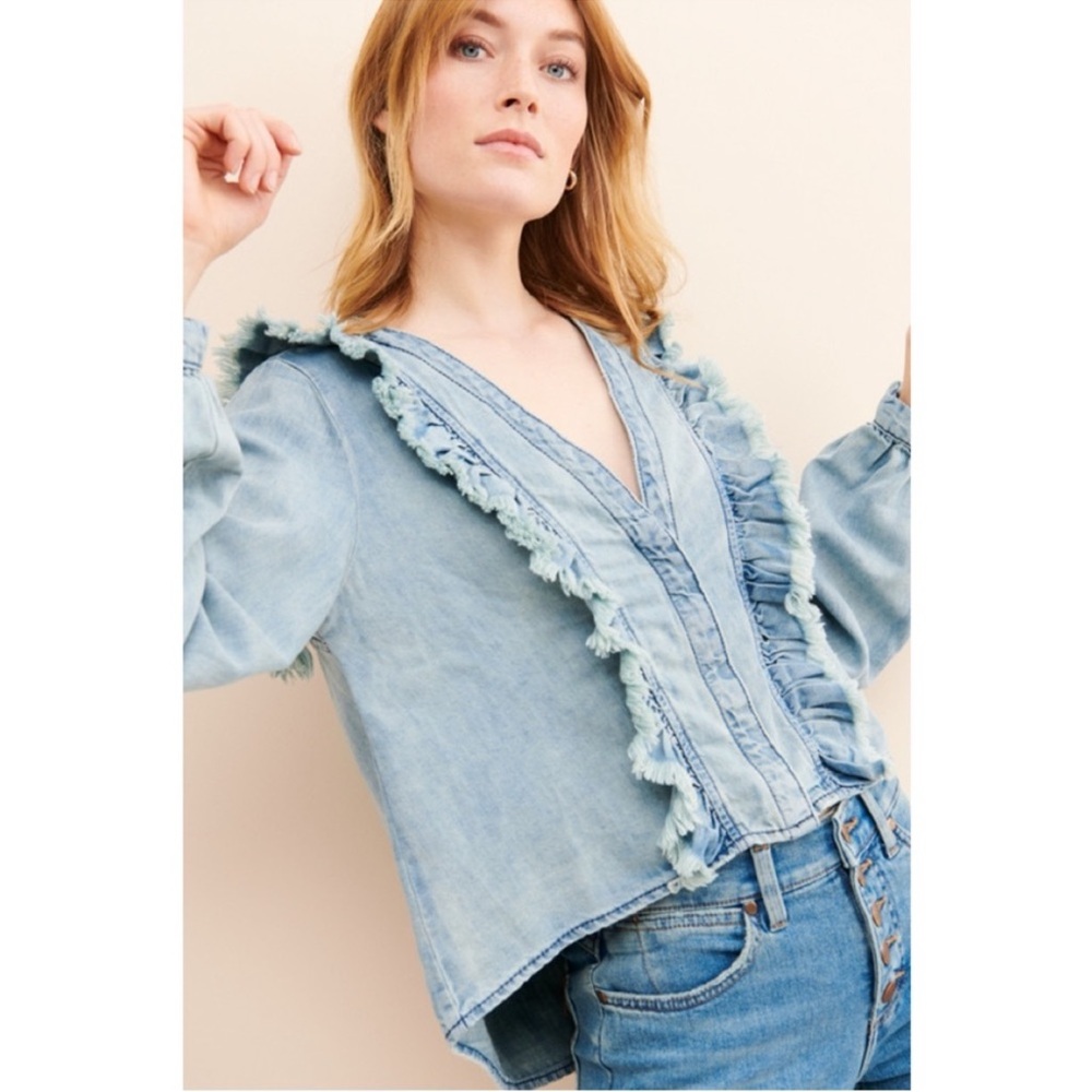 New One Teaspoon Captain Ruffle Shirt Size Medium Button Front Linen Blend